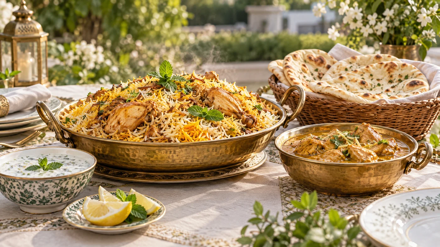 Chicken biryani, qorma, fresh naan and raita in a garden setting