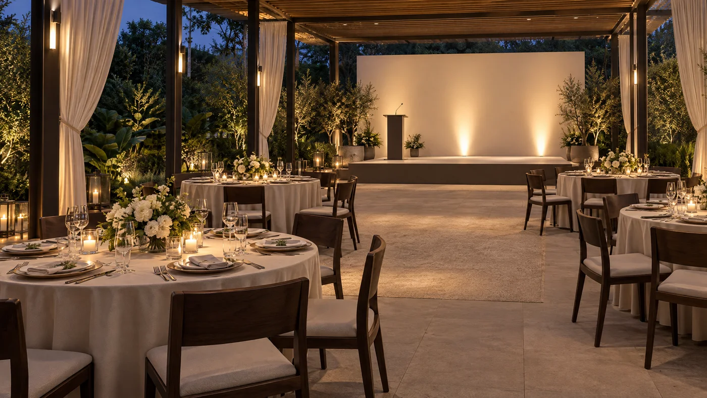 A garden pavilion with dinner tables and a presentation stage